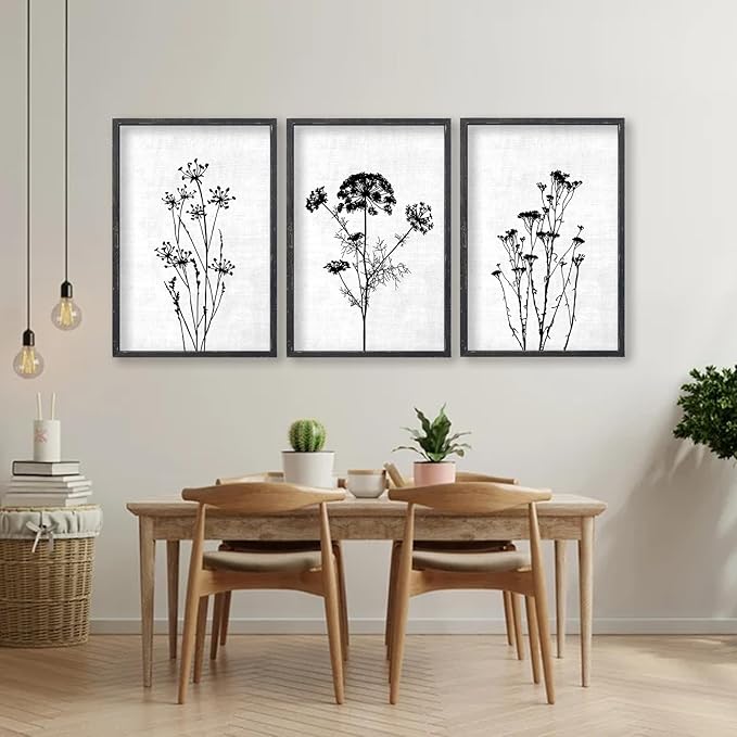 Flower Plant Wall Art Decor 16"x11" Set of 3 Black And White Botanical Painting Wood Framed For Minimalist Bedroom Office Rustic Living Room Abstract Wildflower Sign Hanging (Black)-Ruum Studio Home