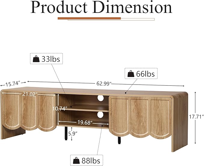 ORRD 63'' TV Stand, Modern TV Console Table Wave Panel Television Stands Entertainment Media Center with Storage Compartment and Sliding Door for Living Room (Natural)-Ruum Studio Home