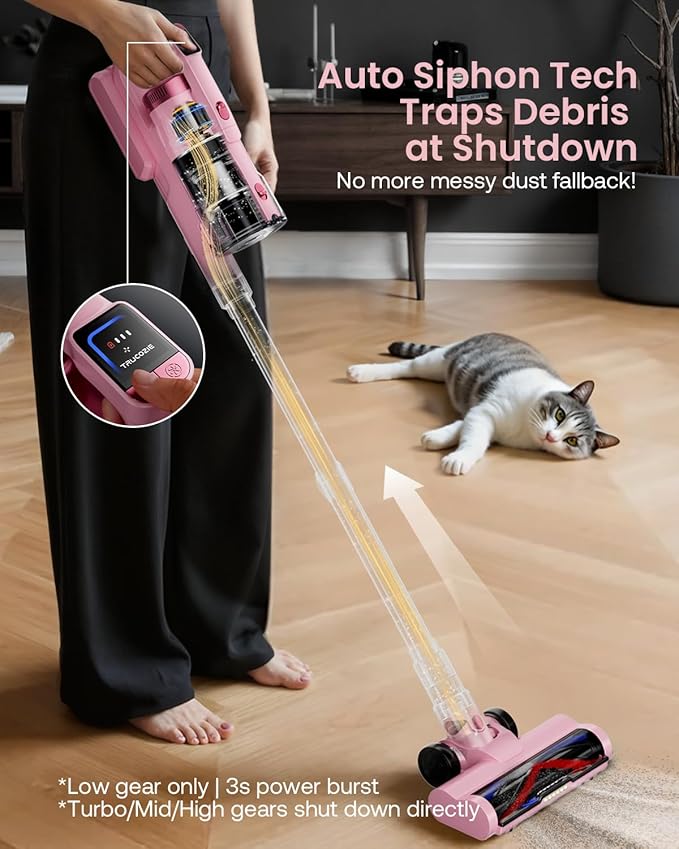 Cordless Vacuum Cleaner for Home, Upgraded 60Kpa Powerful Suction Pet Hair Vacuum with 70min Runtime, Green LED Light for Hardwood Floors & Carpet, Self-Standing Rechargeable Stick Vacuum, Pink-Ruum Studio Home