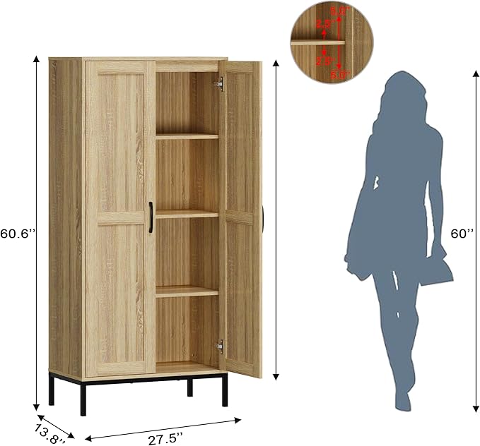Tall Storage Cabinet, Kitchen Pantry Cabinet with 2 Doors & Adjustable Shelves for Laundry Room, Living Room, Entryway,Bathroom,Natural-Ruum Studio Home