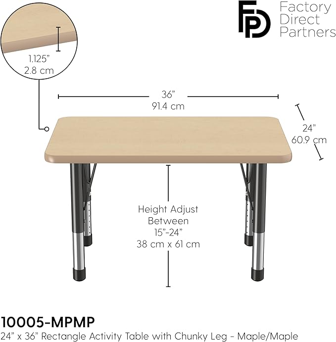 FDP Rectangle Activity School and Classroom Kids Table (24 x 36 inch), Chunky Toddler Leg, Adjustable Height 15-24 inches - Maple Top and Maple Edge-Ruum Studio Home