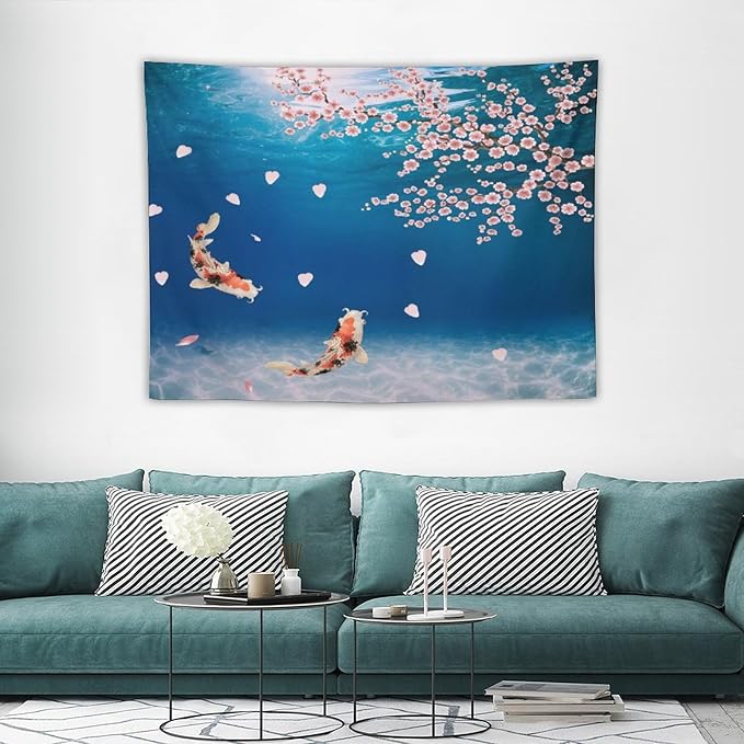 Japanese Koi Fish Tapestry, Cherry Blossoms Asian Oriental Blue Floral Branch Koi Fish Carp Tapestries Wall Hanging for Bedroom Living Room Office Decor 40"x30"-Ruum Studio Home
