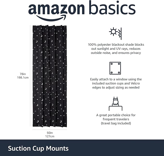 Amazon Basics Portable Blackout Curtain Shade with Suction Cups, 50" W x 78" L, 1-Pack, Moon and Stars-Ruum Studio Home