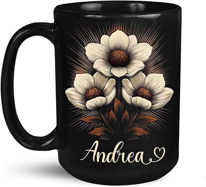 Personalized Nature Inspired Coffee Mug, Custom Name Black Cup 11oz or 15oz, Elegant Flower Ceramic Mug for Gardeners, Custom Floral Themed Coffee Cup, Gifts for Flower Lovers-Ruum Studio Home