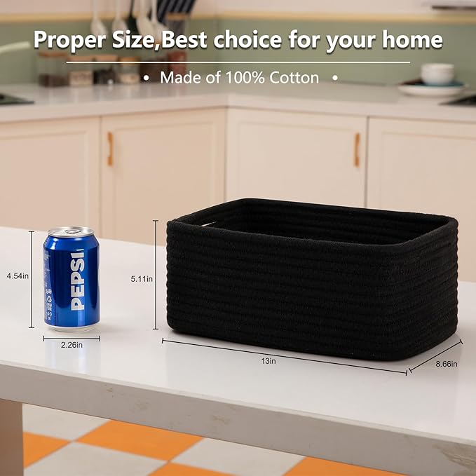4 Pack Small Storage Shelf Baskets for Organizing, Mini Woven Rope Storage Bins for Towels, Cute Decorative Closet Organizer，Baby Nursery, Gift Empty Baskets -13''Lx8.66''Wx5.11''H-Black-Ruum Studio Home