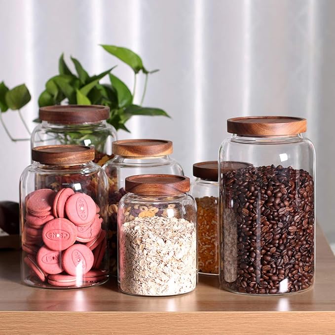 Thicken Glass Storage Jar, Food Storage Container/Canisters with Airtight Wooden Lid for Tea, Coffee, Honey, Cacao Powder,BPA Free Perfect as a Cereal Dispenser (7.6inch 2pcs)-Ruum Studio Home