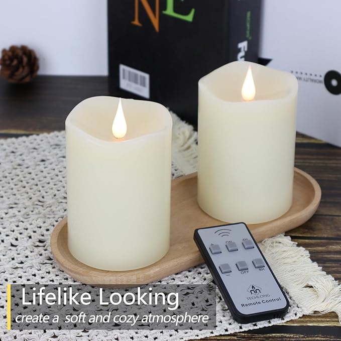 Flameless Candles Battery Operated with Remote Timer, 3D Moving Flame Flickering, Last 600+ Hours Battery Candles, 3" x 4" Ivory Real Wax Electric LED Candle for Wedding Party, Set of 2-Ruum Studio Home