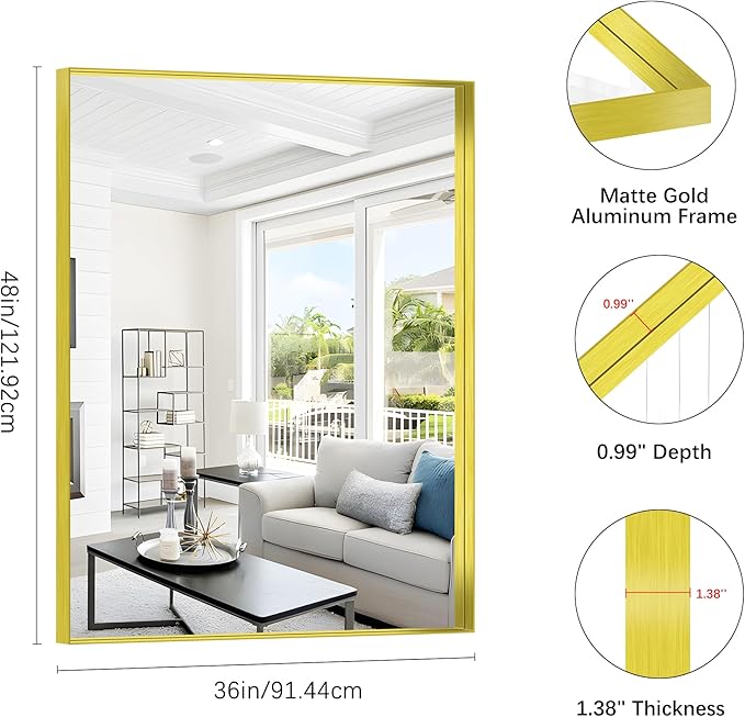 Gold Bathroom Mirror, 36x48 Inch Rectangular Framed Mirror, Large Wall Mounted Bathroom Vanity Mirror Over Sink for Bedroom,Restroom, Living Room, Hangs Vertically or Horizontally-Ruum Studio Home