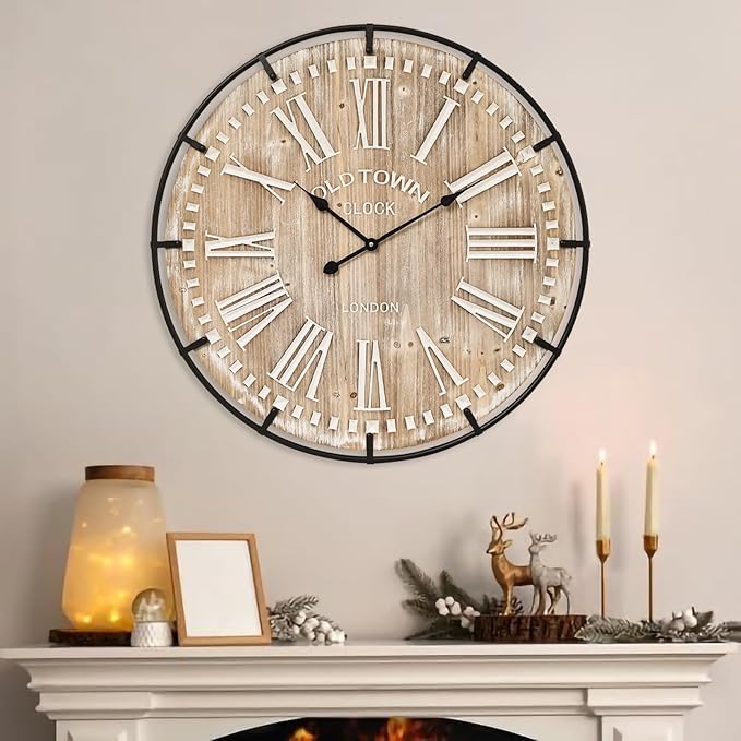 Farmhouse Wall Clock 30 Inch - Rustic Wood Metal Decor, Silent Sweep, Battery Operated for Living Room Kitchen Office, Brown-Ruum Studio Home