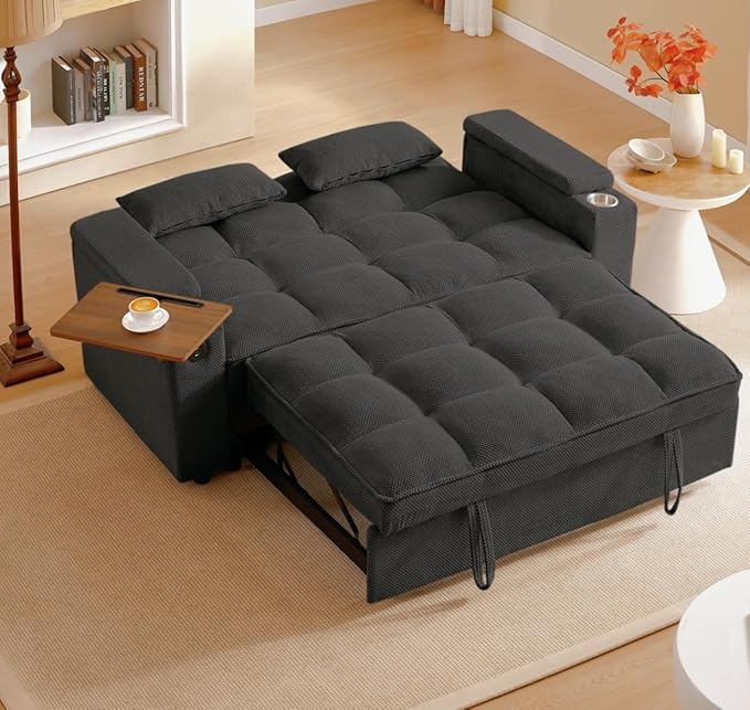 Large Size Convertible Sleeper Sofa Bed,Polka dot Velvet Pull Out Futon Couch with Storage handrails & Rotating Side Tables,Convertible Sofa Couch for Living Room,RV-Ruum Studio Home