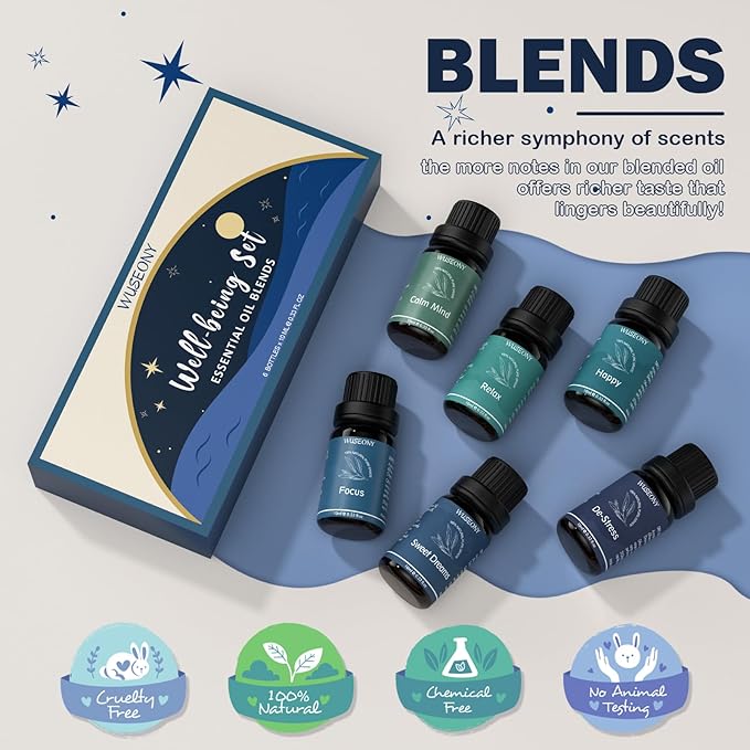 Well-Being Essential Blends Oils Set, Aromatherapy Oils Gift Set for Diffusers Home, Fragrance Oil Scent for Candle Soap Making - Happy, Calm Mind, De-Stress, Relax, Focus, Sweet Dreams-Ruum Studio Home
