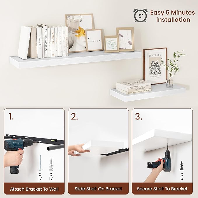 White Floating Shelves for Wall, 36 Inch X 12 Deep Shelves for Room Wall Mounted，2" Thick Heavy Duty Holds 65lbs Floating Shelf for Bedroom Bathroom Kitchen Laundry Room, Set of 2-Ruum Studio Home