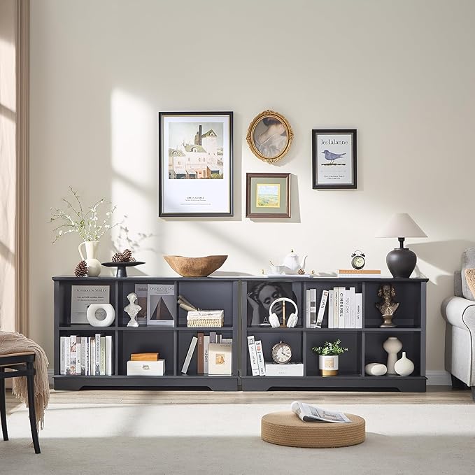 Farmhouse 6 Cube Bookshelf, Black Storage Organizer Bookcase, Kids Toy Storage Cabinet, Long Bookshelves Storage Organizer Shelf, Wood Display Cabinet Book Shelves for Bedroom,Living Room,Office-Ruum Studio Home