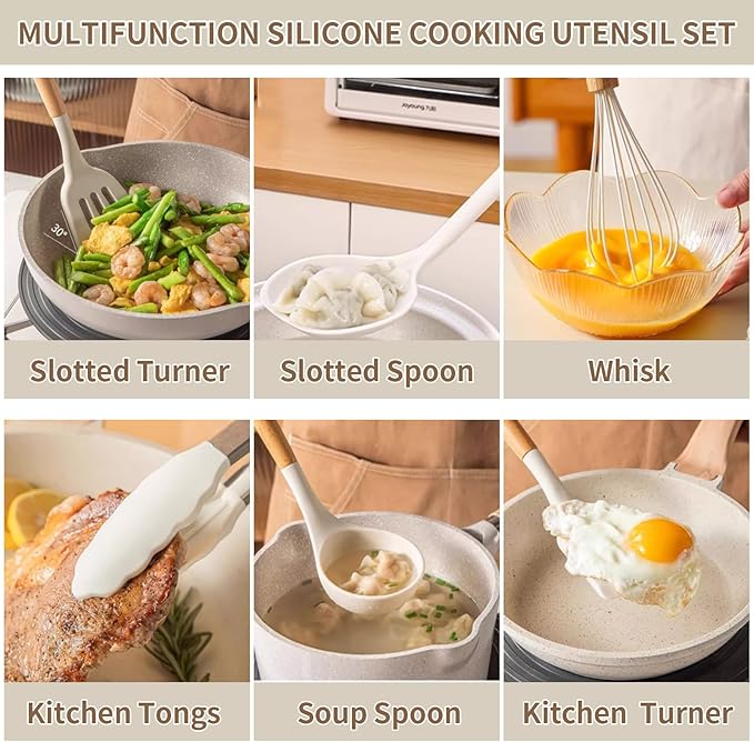 13-Piece silicone utensil set wood handle nonstick cookware safe dishwasher safe kitchen tools BPA free heat resistant (450°F/230°C) ceramic pan safe cooking gifts housewarming (White)-Ruum Studio Home