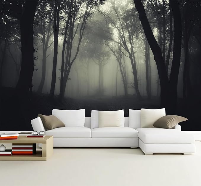 Foggy Black Forest Wallpaper Bedroom Dark Woodland Trees Wall Mural Living Room (Not Peel and Stick)-Ruum Studio Home
