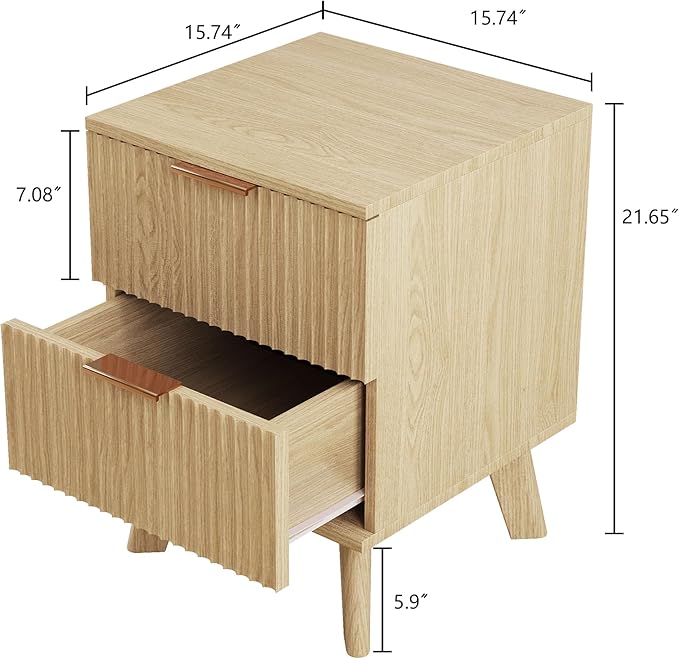 Fluted Nightstand, Mid Century Modern 2 Drawer Bedside Table for Bedroom, Small Dresser Night Stand Side End Table with Wood Fluted Drawer Storage for Bedroom Closet(Natural)-Ruum Studio Home