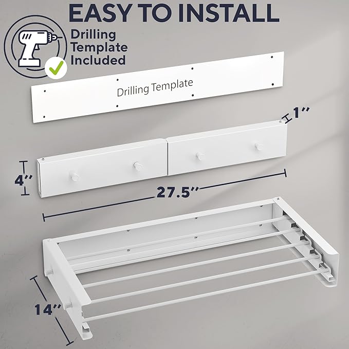 Foldable Wall Mounted Drying Rack 28 inch - Easy to Install Hanging Rack for Laundry Room - Space Saving Design with 55-lb Capacity - Perfect Drying Racks for Clothes Towels & More-Ruum Studio Home