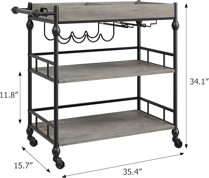 GarveeHome Bar Cart, Bar Carts for The Home, 3 Tier Serving Cart with Wheels, Home Bar & Serving Carts, Metal Rolling Cart with Wine Rack & Removable Tray for Kitchen, Dining Room, Living Room-Grey-Ruum Studio Home