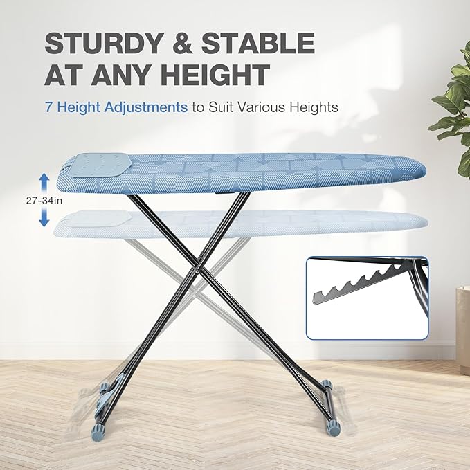 APEXCHASER Ironing Board with Iron Rest, Compact and Space Saver Iron Board, Extra Thick Cover, Height Adjustable, Wall Mount & Closet Hanger 13x43 Blue-Ruum Studio Home