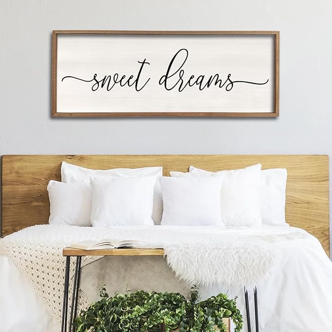 Sweet Dreams Wall Decor Above Bed 40''×15'' Master Bedroom Large Sweet Dreams Sign Farmhouse Wall Decor Guest Room Wood Rustic Framed Over Bed Wall Art Hanging Decoration (Wood White)-Ruum Studio Home