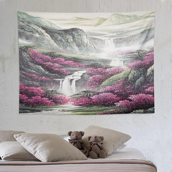 Japanese Tapestry, Red Plum Blossom Mountain Tapestry, Asian Japanese Wall Tapestry, Nature Landscape Tapestries for Bedroom Living Room Decor 80"x60"-Ruum Studio Home