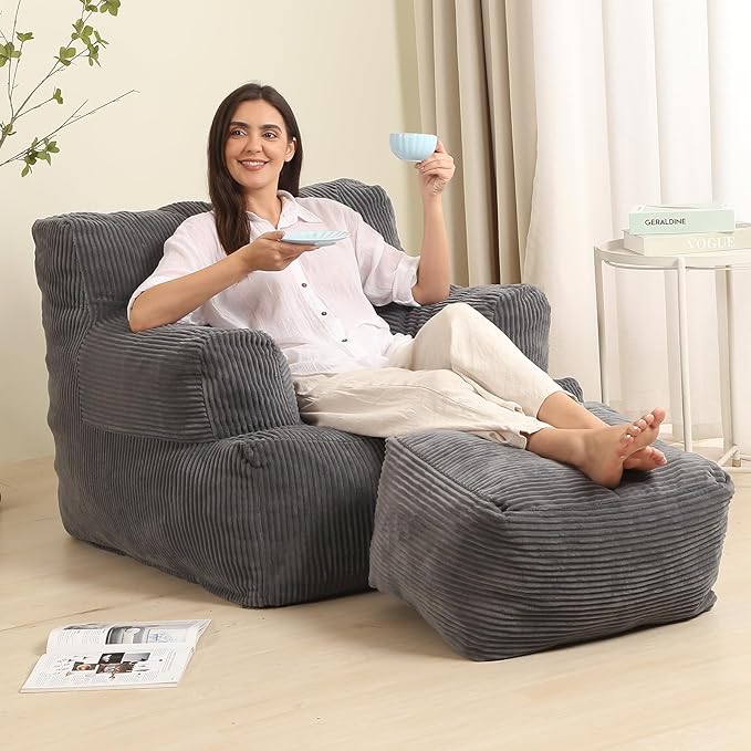 Comfy Gaint Bean Bag Chair with Ottoman, Huge Bean Bag Armchair for Adults and Teens, Dark Grey-Ruum Studio Home