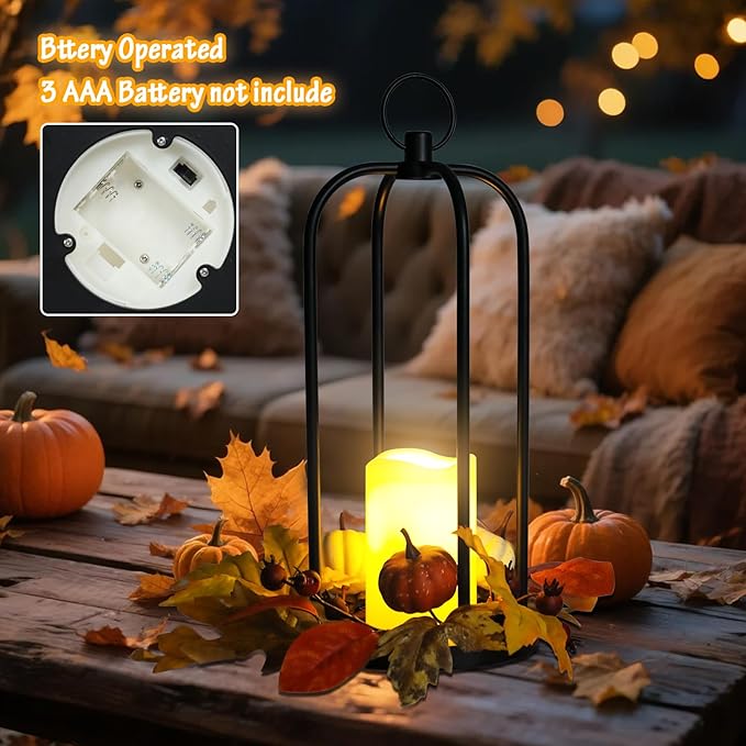 Fall Decor Lanterns Outdoor, 14" Waterproof Decorative Lantern Indoor Decor Metal Hanging Candle Holder LED Flameless Candle Lantern for Patio, Porch, 2 Packs-Ruum Studio Home