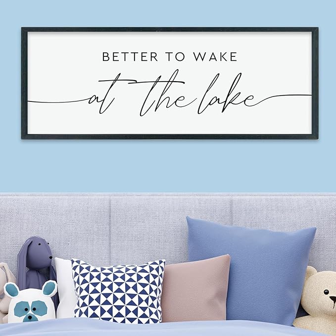 LuZhiQiang Better To Wake At The Lake Above Bed Wall Decor 40"×15" for Lake House Bedroom Over Bed Sign Wood Framed Large Wall Hanging Art (Black)-Ruum Studio Home