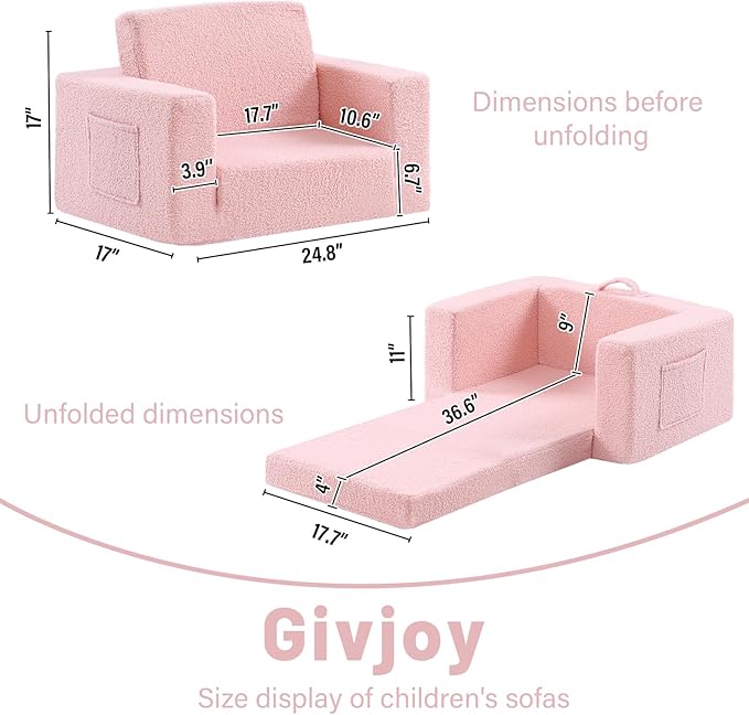 2-in-1 Toddler Chair Sherpa Couch - Soft Kids Lounger for Bedroom, Convertible Sofa for Girls and Boys, Reading Chair, Pink-Ruum Studio Home