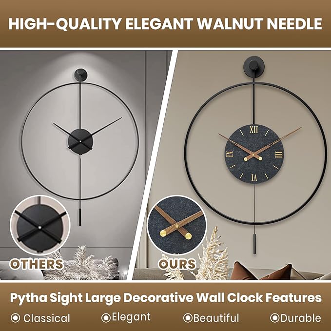 Large Modern Wall Clock,Wall Clocks for Living Room Decor,Classical Silent Metal Minimalist Walnut Dial,Big Decorative Farmhouse Pendulum Wall Clock With Walnut Pointers for Office,Dining Room-Ruum Studio Home