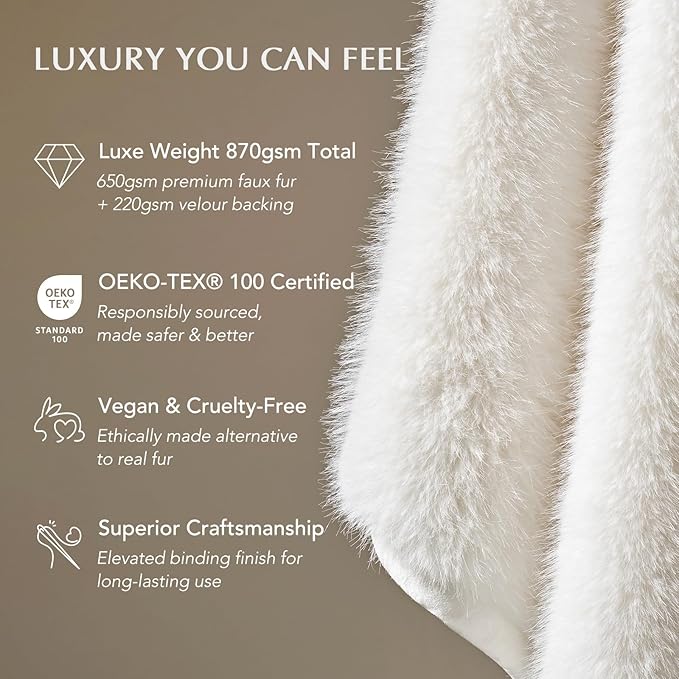 Luxury Faux Fur Throw Blanket, Soft Fluffy Faux Mink Blankets for Bed, Couch, Sofa, Thick Cozy Plush Warm Fur Throws with Reversible Velvet, Ivory Mink, 50"x60"-Ruum Studio Home