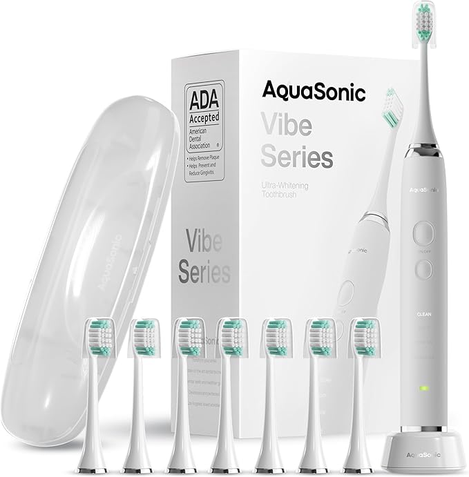Aquasonic Vibe Series Ultra-Whitening Toothbrush – ADA Accepted Electric Toothbrush - 8 Brush Heads & Travel Case – 40,000 VPM Motor & Wireless Charging - 4 Modes w Smart Timer – Optic White-Ruum Studio Home