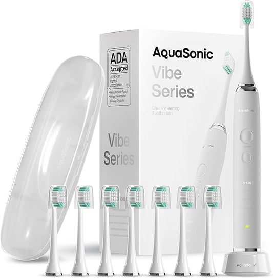 Aquasonic Vibe Series Ultra-Whitening Toothbrush – ADA Accepted Electric Toothbrush - 8 Brush Heads & Travel Case – 40,000 VPM Motor & Wireless Charging - 4 Modes w Smart Timer – Optic White-Ruum Studio Home