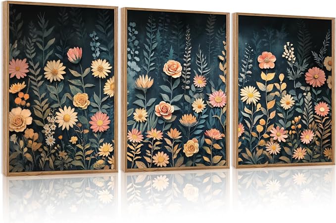 HPNIUB Modern Dark Wildflower Framed Canvas Wall Art Set,Minimalist Nature Jungle Botanical Landscape Wall Decor, (16x24 Inch) Farmhouse Painting for Living Room, Bedroom, Office-Ruum Studio Home