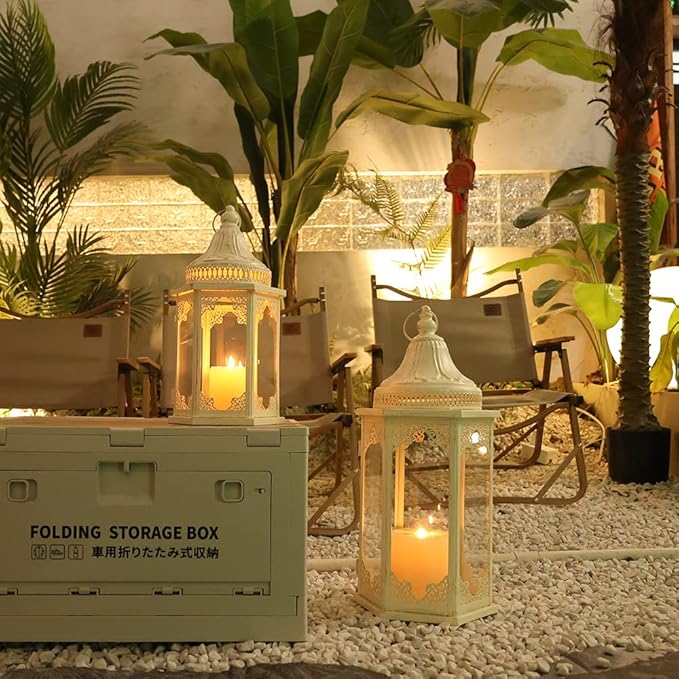 NEEDOMO Lanterns Decorative Outdoor & Indoor, Set of 2 Outdoor Lanterns for Porch,Large Candle Lantern, Beige Metal Frame with Glass for Fall, Christmas-Ruum Studio Home