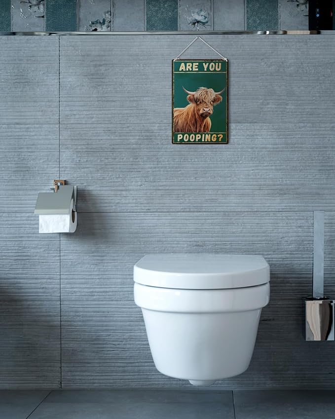 ALKB Funny Highland Cow Are You Pooping Metal Signs Vintage Farmhouse Bathroom Wall Decor Highland Cow Lovers Gift 8 x 12 Inch-Ruum Studio Home