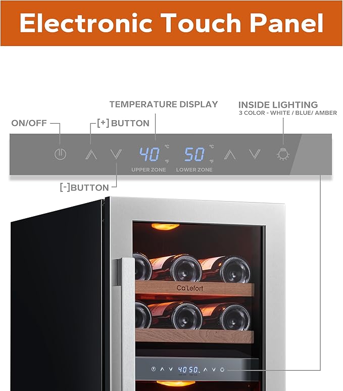 Ca'Lefort 15 Inch Wine Fridge, 28 Bottle Wine Cooler Refrigerator, 40-65°F Wine Refrigerator Glass Door, 3 LED Dual Zone Wine Fridge, Built-in or Freestanding Fridge for Home/Bar/Kitchen (3.0 cu.ft)-Ruum Studio Home