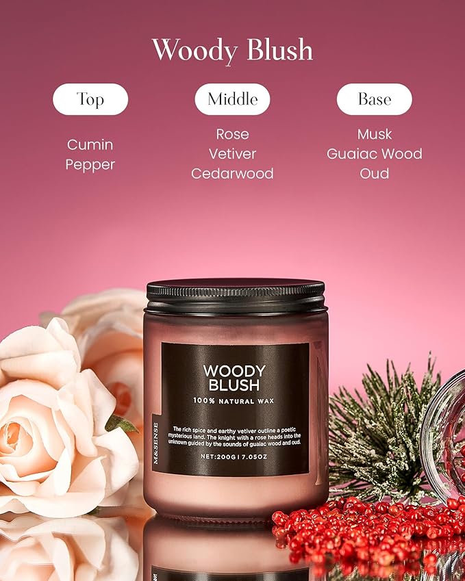 M&SENSE Woody Blush - Rose Vetiver Scented Candles 7.05oz 50 Hour Long Lasting Burn Non Toxic Natural Luxury Candle Gifts for Women，Aromatherapy Gifts for Relaxing Spa-Ruum Studio Home