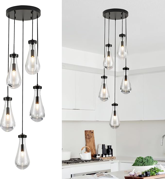 5-Light Raindrop Pendant Light Fixtures, Black Glass Pendant Lighting, Teardrops Modern Hanging Light for Entryway Foyer Kitchen Island Dining Living Room Hallway-Ruum Studio Home