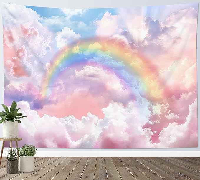 HVEST Rainbow Cloud Tapestry, Polyester Wall Art, Rainbow and Pink Cloud with Glow Sunshine in Pastel Sky, Aesthetic Nature Landscape, Bedroom Living Room Decor, 60x40 Inches-Ruum Studio Home