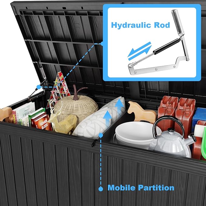 180 Gallon Deck Box,Resin Outdoor Storage Box with Lockable for Patio Furniture, Pool Accessories, Garden Tools Waterproof Outside Storage Box, Black-Ruum Studio Home