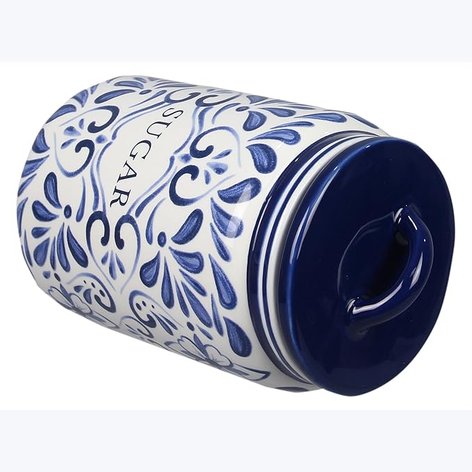 Young's Inc. 4 Pcs Set Talavera Ceramic Canisters- Storage Container for Kitchen and Bathroom - Beautiful Home Decor Accent to Store Food, Coffee, Tea, and More - White, Blue-Ruum Studio Home