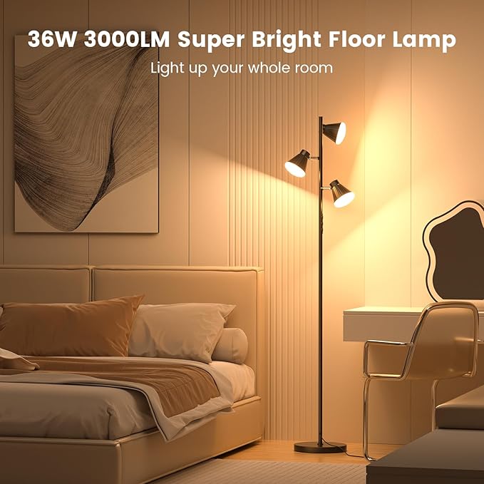 36W LED Tree Floor Lamp, Dimmable Tall Standing Lamp with Remote & Touch Control, 4 Color Temperatures Bright Floor Lamp, 3 Rotatable Light Modern Floor Lamps for Living Room Bedroom Office-Ruum Studio Home
