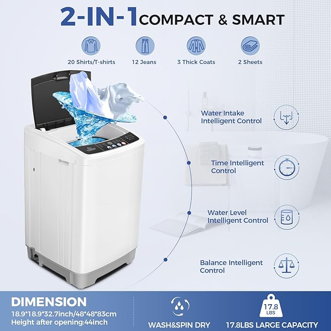 17.8Lbs Portable Washing Machine Nictemaw Portable Washer, 2.3 Cu.ft Washer and Dryer Combo with Drain Pump, 10 Programs 8 Water Level Compact Laundry Washer for Home, Apartment, RV, Dorms-Ruum Studio Home