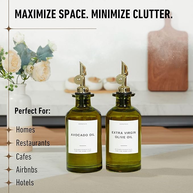 Green Glass Olive Oil Dispenser Bottle For Kitchen By Verpsace,Avocado Oil Dispenser Set, Modern Decor, Gold Kitchen Accessories for Home, Airbnb, Cafe (Gold, Set of 2)-Ruum Studio Home