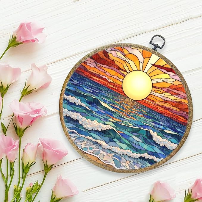 Colorful Boho Waves on The Beach Sunset Gifts for Sunset Lovers Framed Round Wall Decor Canvas Wall Art Hanging Prints Artwork for Home Nursery Bathroom Bedroom Living Room Decorations 10.2X10.2 Inch-Ruum Studio Home