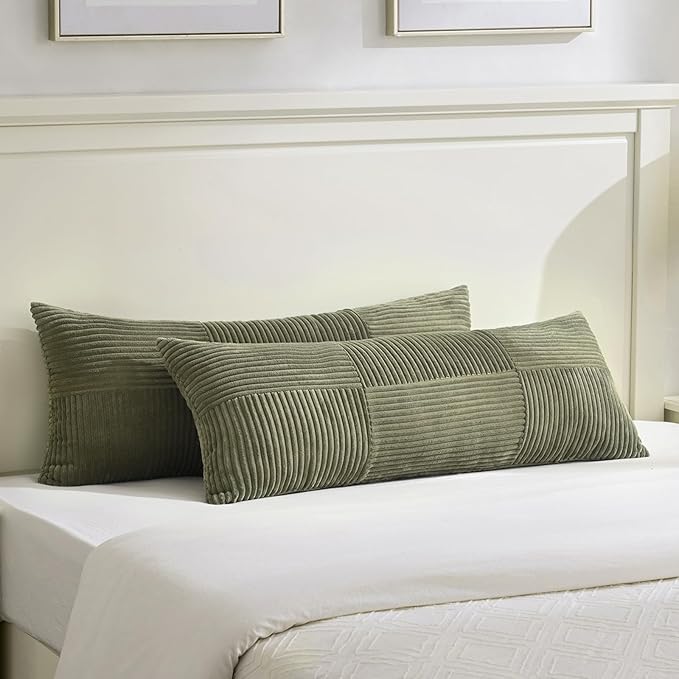 Fancy Homi Set of 2 Olive Green Boho Long Lumbar Body Decorative Throw Pillow Cover 14x36 Inch for Bed Couch Bedroom Bench, Soft Patchwork Corduroy Textured Pillow Case, Rustic Farmhouse Room Décor-Ruum Studio Home