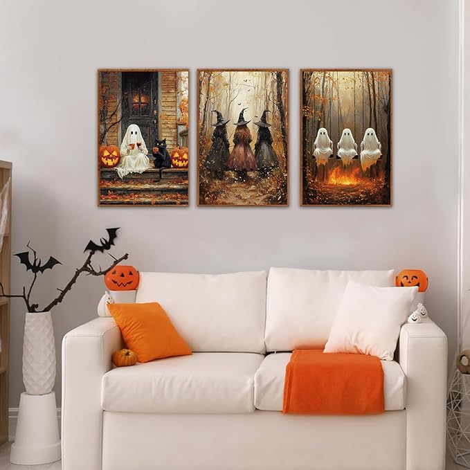 HLNIUC Framed Halloween Canvas Wall Art,Dark Witch Crow Raven Prints,Black Cat Decor,Horror Gothic Ghost Pictures Set of 3 (16"X24") Scary Pumpkin Wall Decor for Party Living Room Bedroom Decoration-Ruum Studio Home