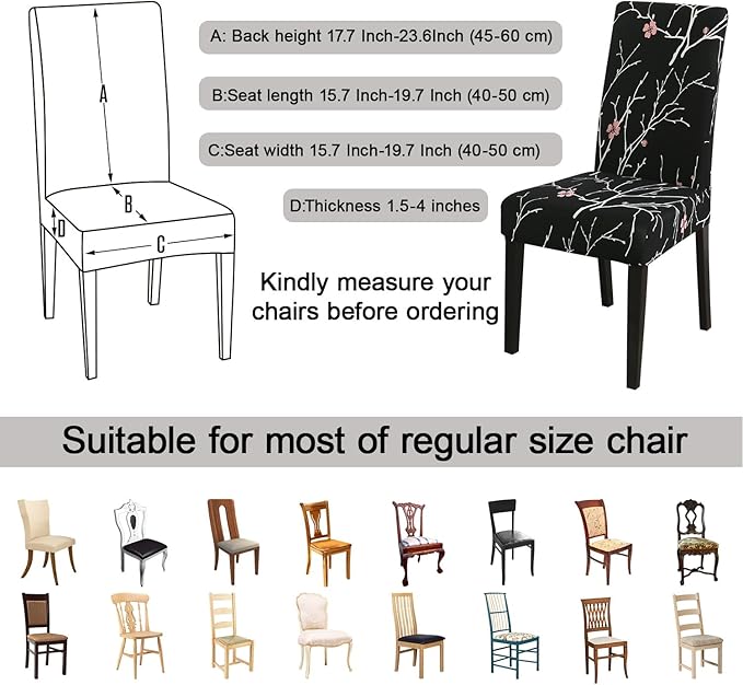 JQinHome Pattern Chair Covers for Dining Room Set of 6, High Stretch Removable Washable Parsons Chair Slipcover for Home Party Hotel Wedding Ceremony (Flourish Black,6PCS)