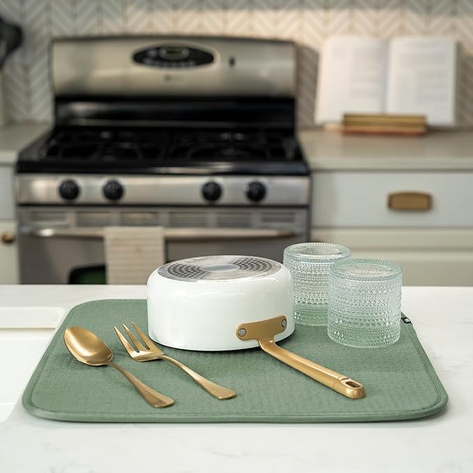 S&T INC. Dish Drying Mat, 16” x 18”, Absorbent Microfiber Kitchen Counter Mat, Dish Drying Pad for Dishes, Utensils, Pots and Pans, Large, Sage Green-Ruum Studio Home